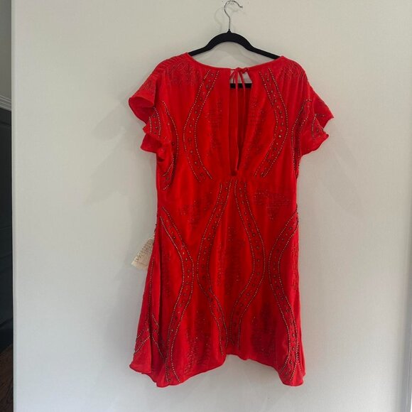 NWT free people red satin beaded mini dress with flutter sleeves - Picture 4 of 5